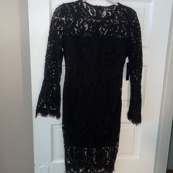 NWT Lulus Black Lace Long Sleeve Midi Dress - Picture 4 of 8